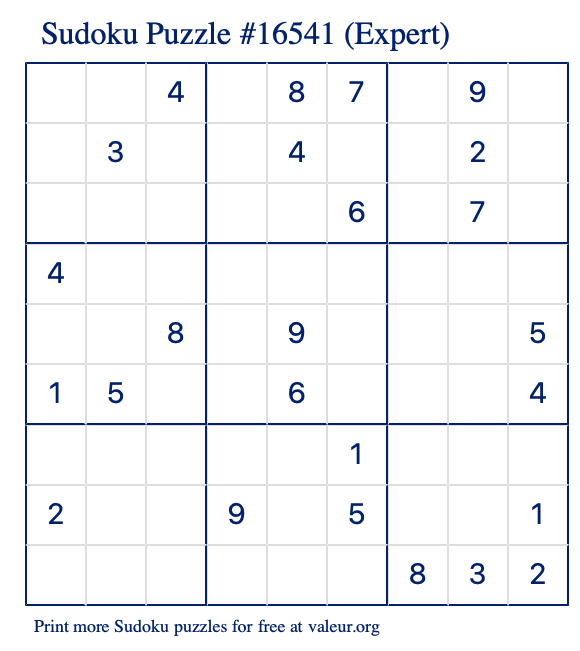 Free Printable Expert Sudoku Puzzle number 16541