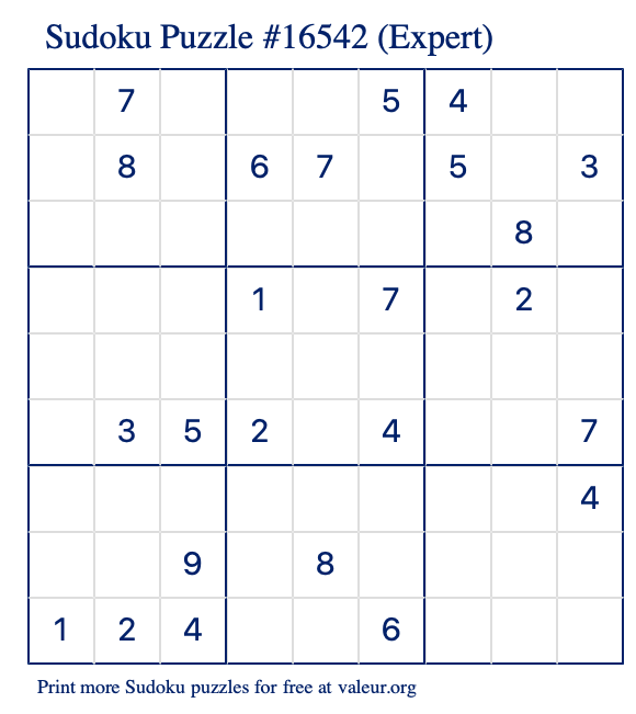 Free Printable Expert Sudoku Puzzle number 16542