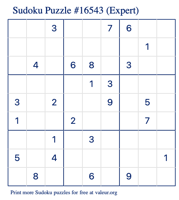 Free Printable Expert Sudoku Puzzle number 16543