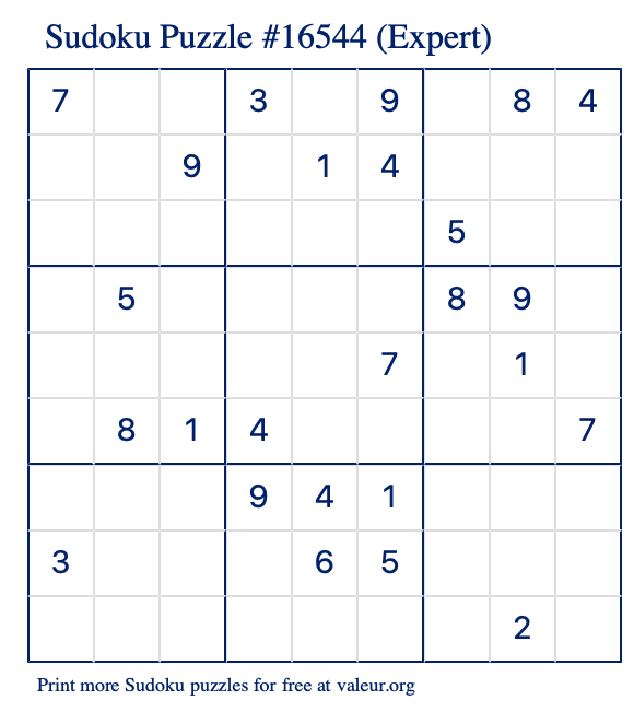 Free Printable Expert Sudoku Puzzle number 16544