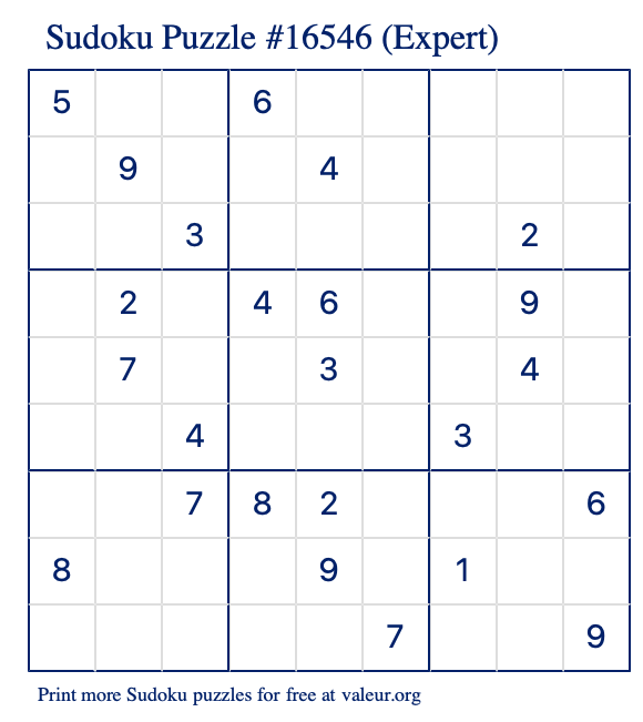 Free Printable Expert Sudoku Puzzle number 16546