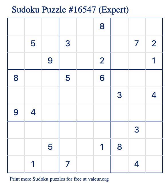 Free Printable Expert Sudoku Puzzle number 16547