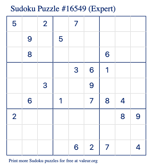 Free Printable Expert Sudoku Puzzle number 16549