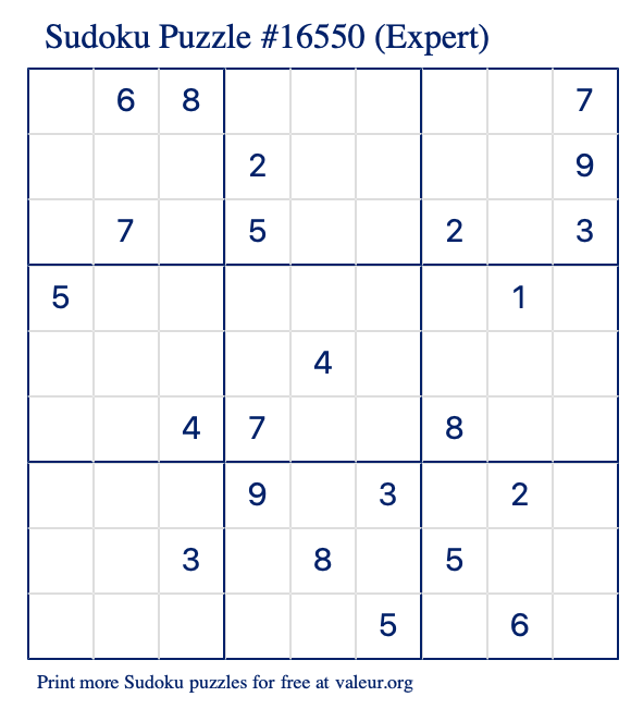Free Printable Expert Sudoku Puzzle number 16550