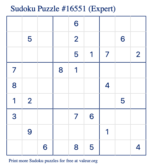 Free Printable Expert Sudoku Puzzle number 16551