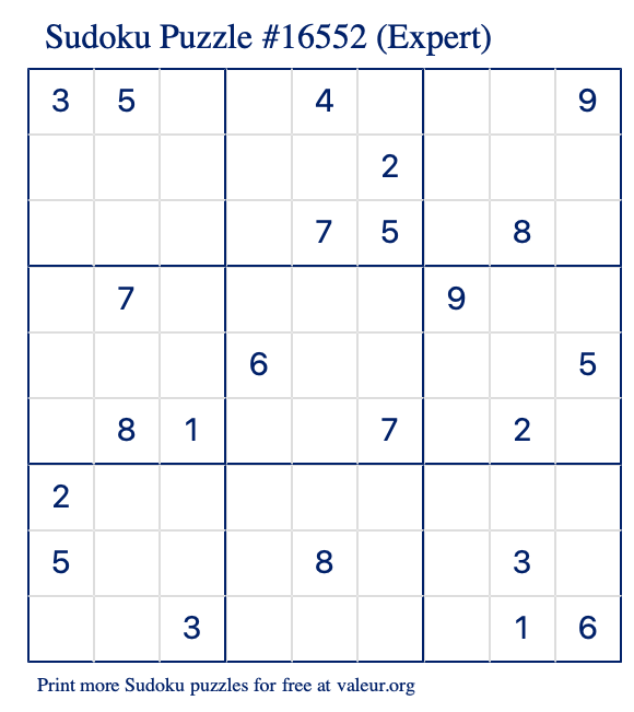 Free Printable Expert Sudoku Puzzle number 16552
