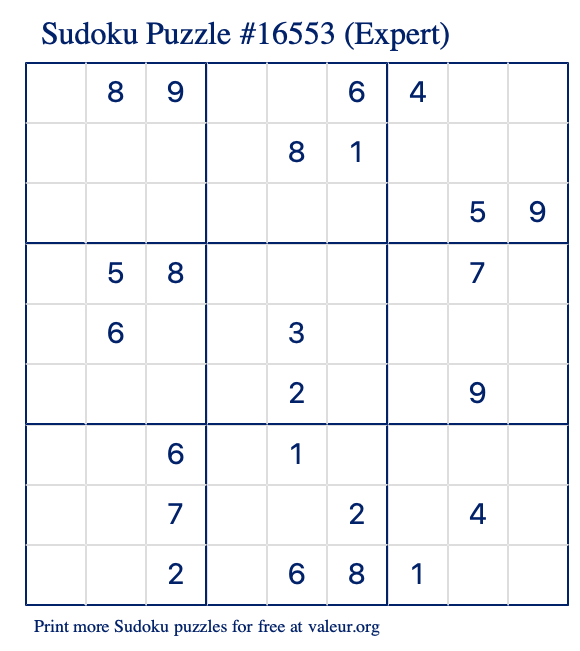 Free Printable Expert Sudoku Puzzle number 16553