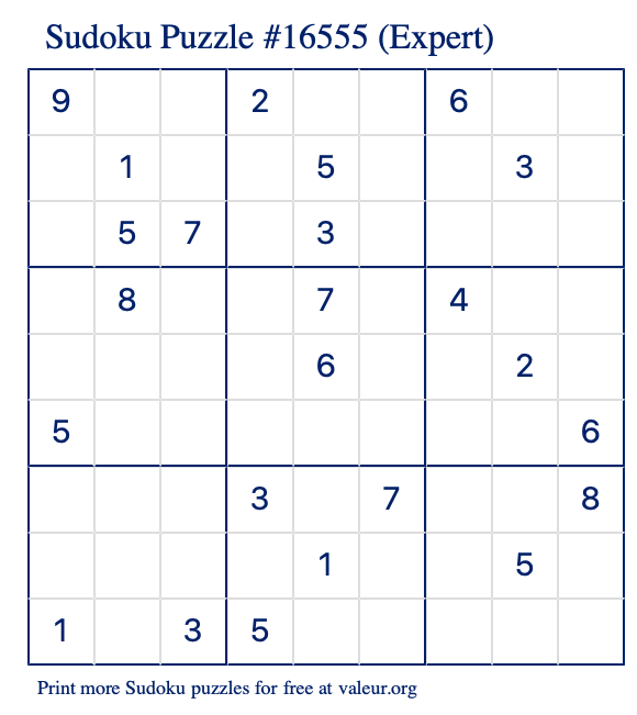 Free Printable Expert Sudoku Puzzle number 16555