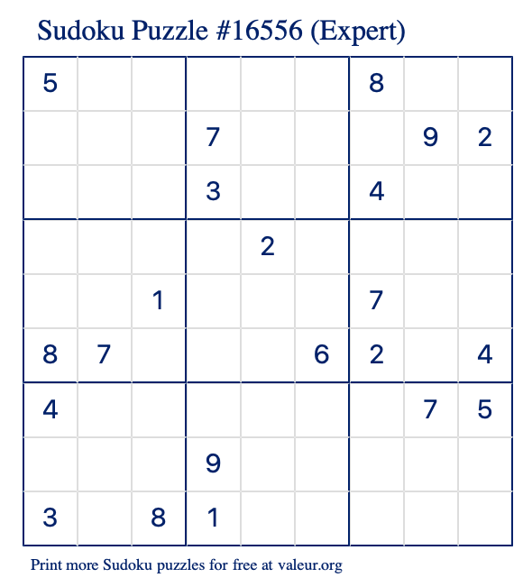 Free Printable Expert Sudoku Puzzle number 16556