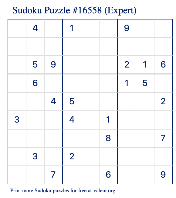 Free Printable Expert Sudoku Puzzle number 16558