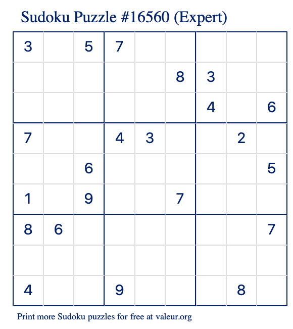 Free Printable Expert Sudoku Puzzle number 16560
