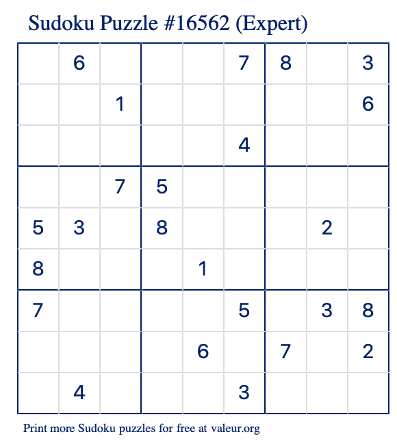 Free Printable Expert Sudoku Puzzle number 16562