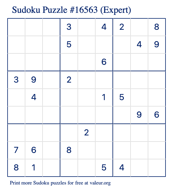 Free Printable Expert Sudoku Puzzle number 16563