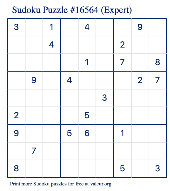 Free Printable Expert Sudoku Puzzle number 16564