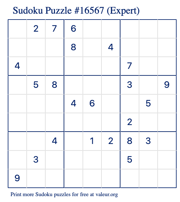 Free Printable Expert Sudoku Puzzle number 16567