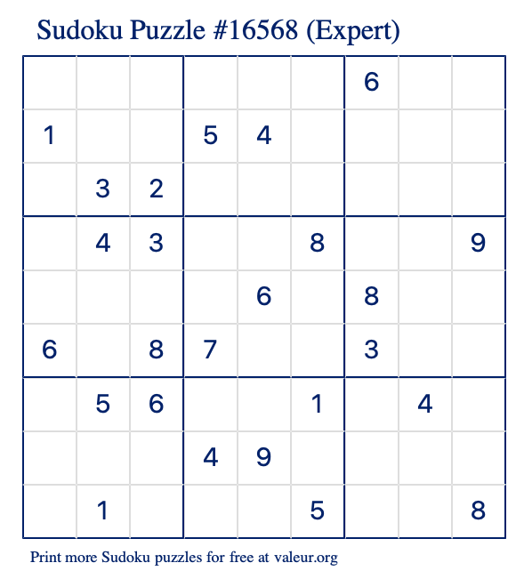 Free Printable Expert Sudoku Puzzle number 16568