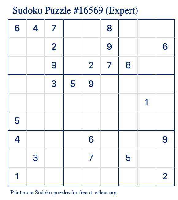 Free Printable Expert Sudoku Puzzle number 16569