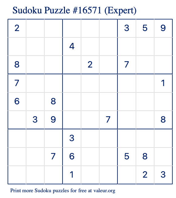 Free Printable Expert Sudoku Puzzle number 16571