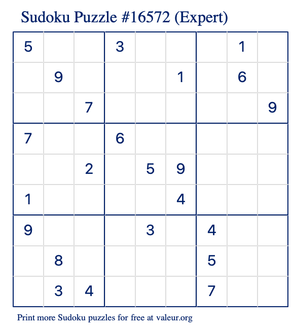 Free Printable Expert Sudoku Puzzle number 16572