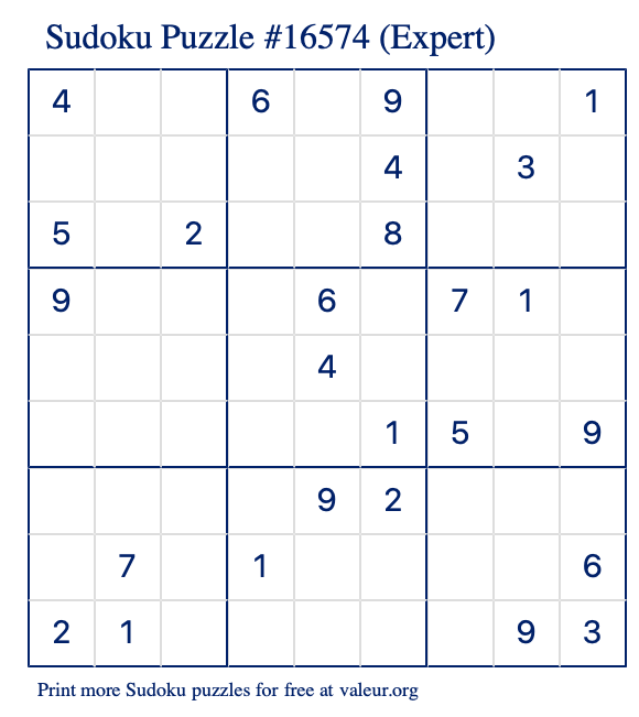 Free Printable Expert Sudoku Puzzle number 16574