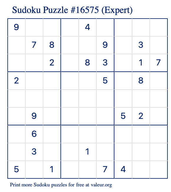 Free Printable Expert Sudoku Puzzle number 16575