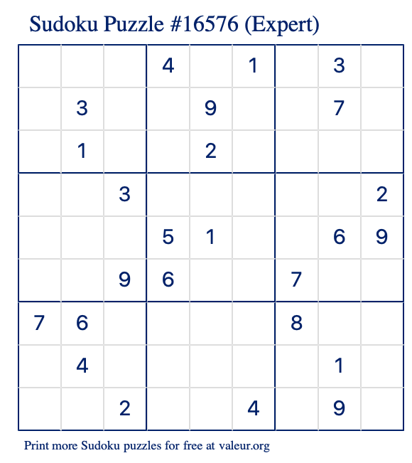 Free Printable Expert Sudoku Puzzle number 16576