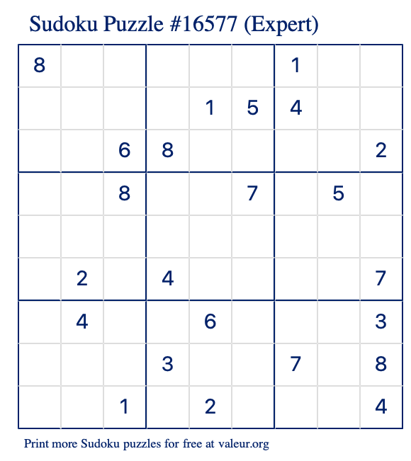 Free Printable Expert Sudoku Puzzle number 16577