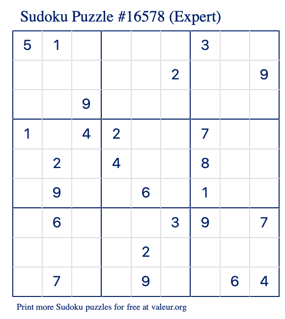 Free Printable Expert Sudoku Puzzle number 16578