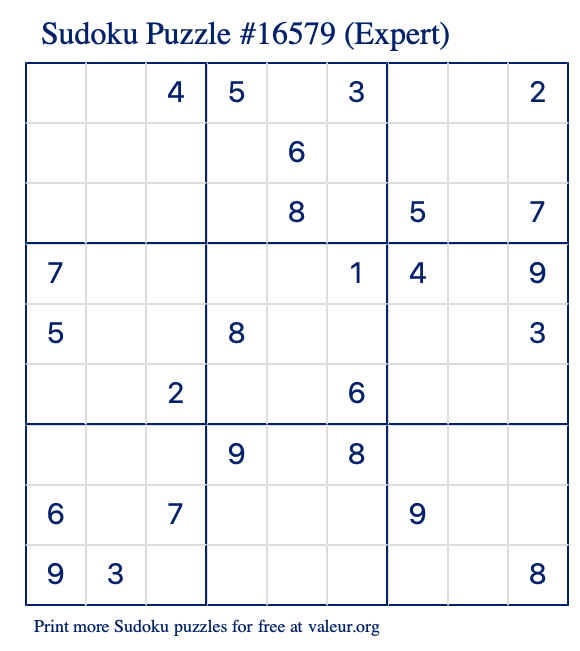 Free Printable Expert Sudoku Puzzle number 16579