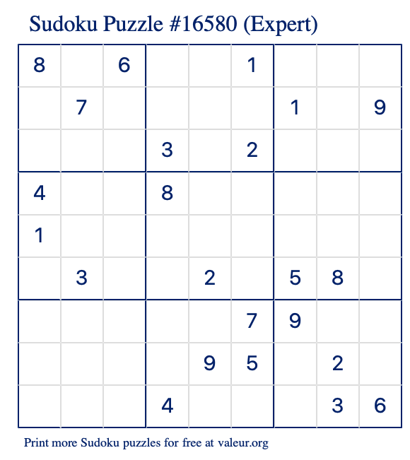 Free Printable Expert Sudoku Puzzle number 16580