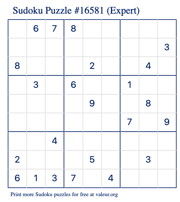 Free Printable Expert Sudoku Puzzle number 16581