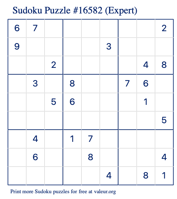 Free Printable Expert Sudoku Puzzle number 16582