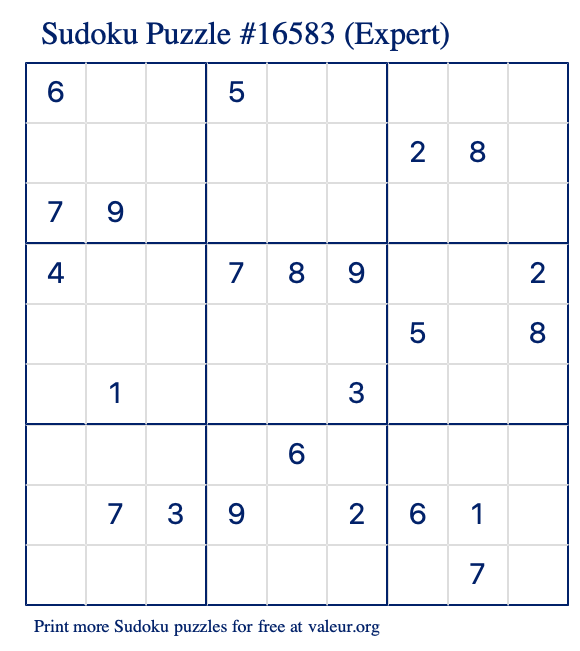 Free Printable Expert Sudoku Puzzle number 16583