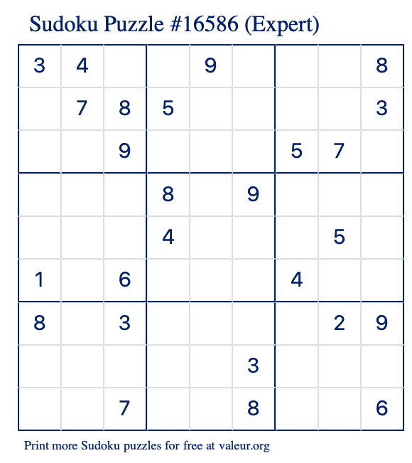 Free Printable Expert Sudoku Puzzle number 16586