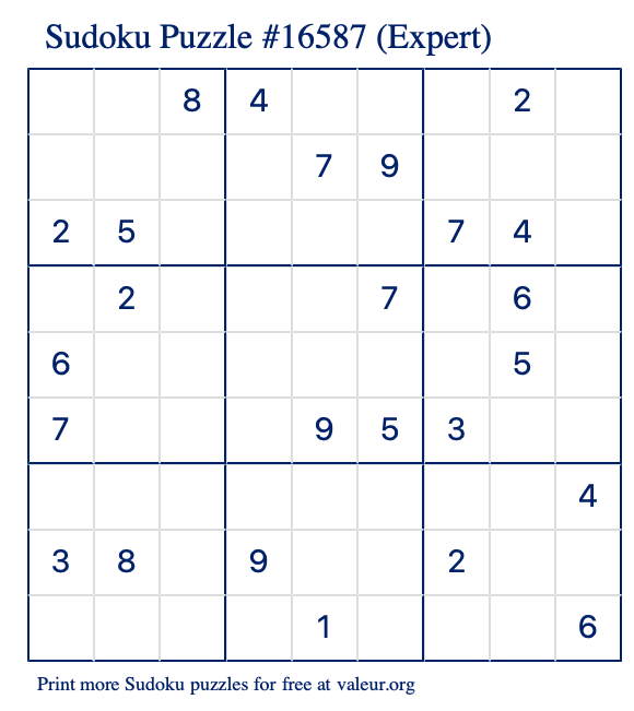 Free Printable Expert Sudoku Puzzle number 16587