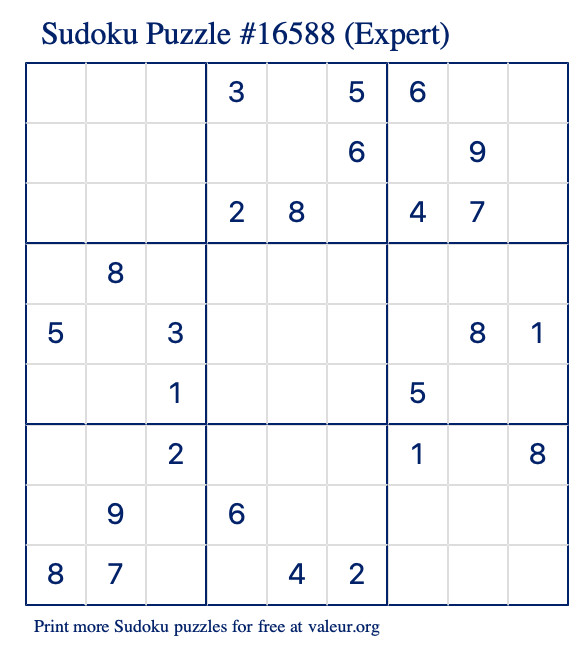 Free Printable Expert Sudoku Puzzle number 16588