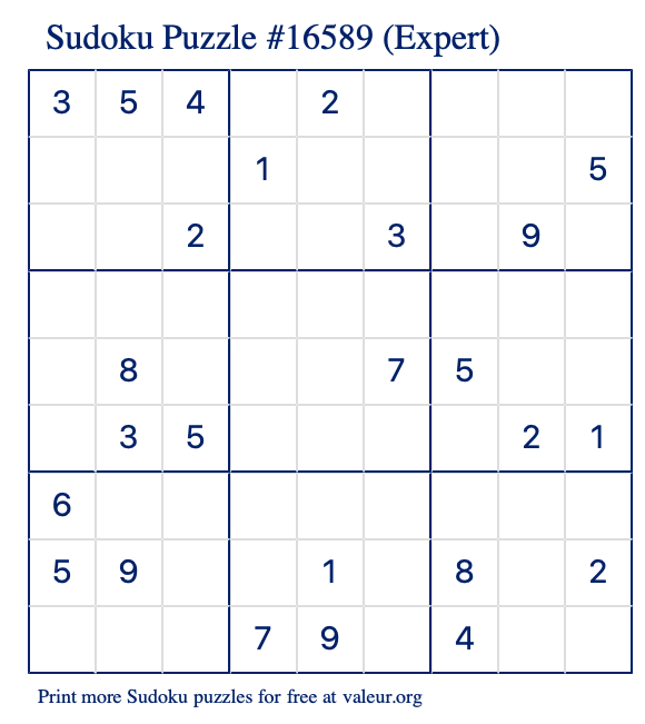 Free Printable Expert Sudoku Puzzle number 16589