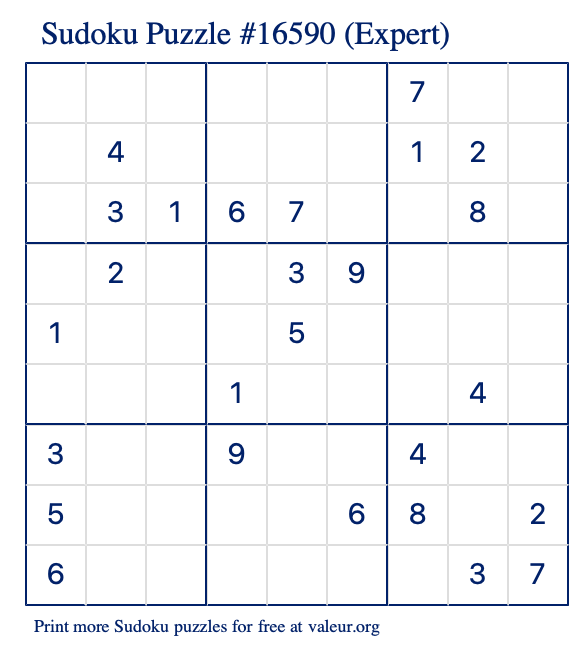 Free Printable Expert Sudoku Puzzle number 16590