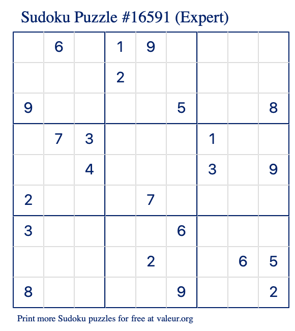 Free Printable Expert Sudoku Puzzle number 16591