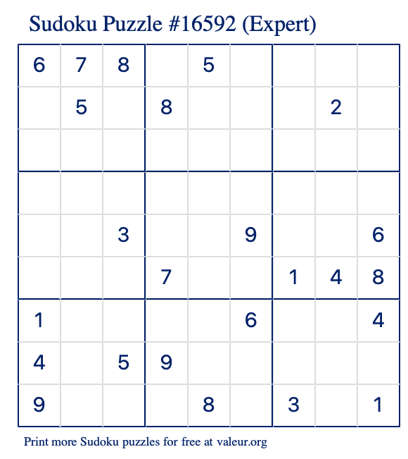 Free Printable Expert Sudoku Puzzle number 16592