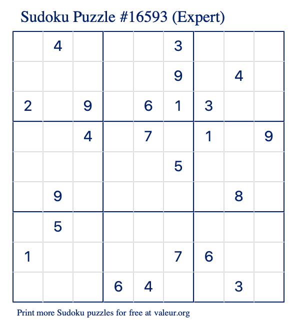 Free Printable Expert Sudoku Puzzle number 16593