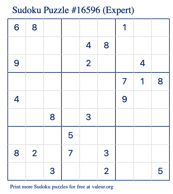 Free Printable Expert Sudoku Puzzle number 16596