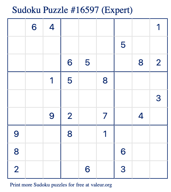 Free Printable Expert Sudoku Puzzle number 16597