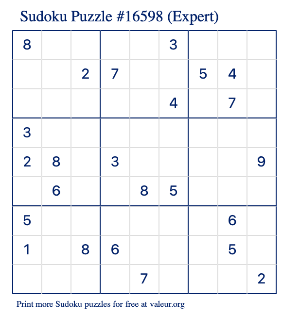 Free Printable Expert Sudoku Puzzle number 16598