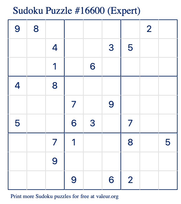 Free Printable Expert Sudoku Puzzle number 16600
