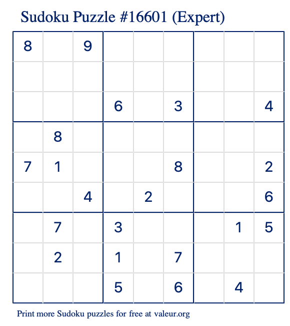 Free Printable Expert Sudoku Puzzle number 16601
