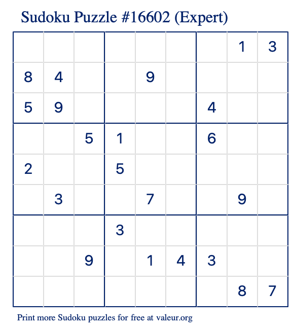 Free Printable Expert Sudoku Puzzle number 16602