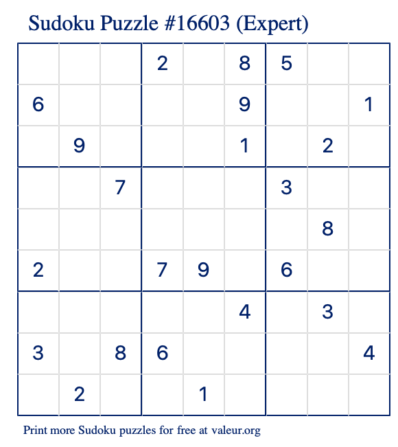 Free Printable Expert Sudoku Puzzle number 16603