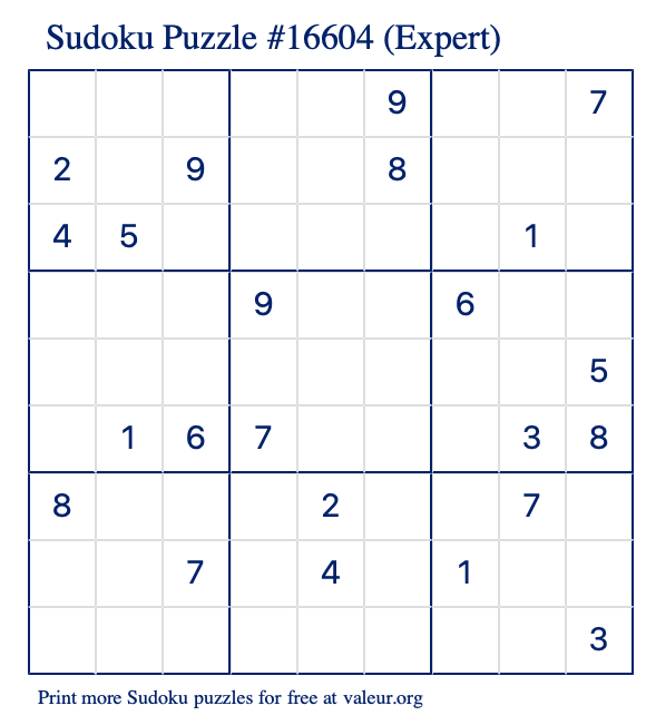 Free Printable Expert Sudoku Puzzle number 16604