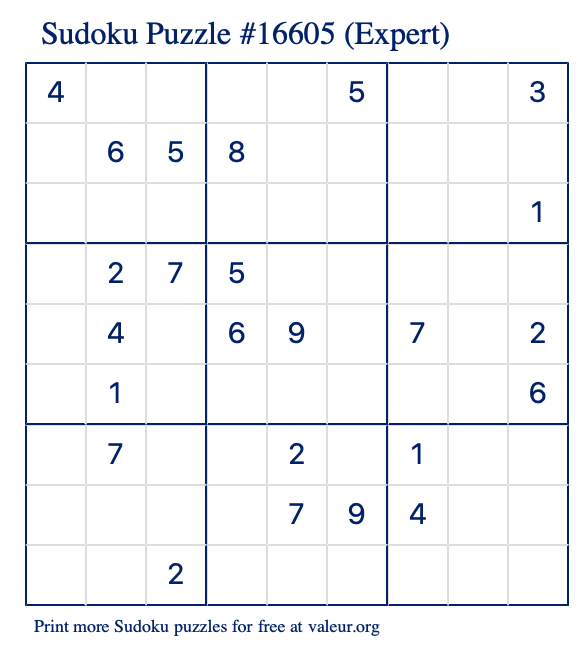 Free Printable Expert Sudoku Puzzle number 16605